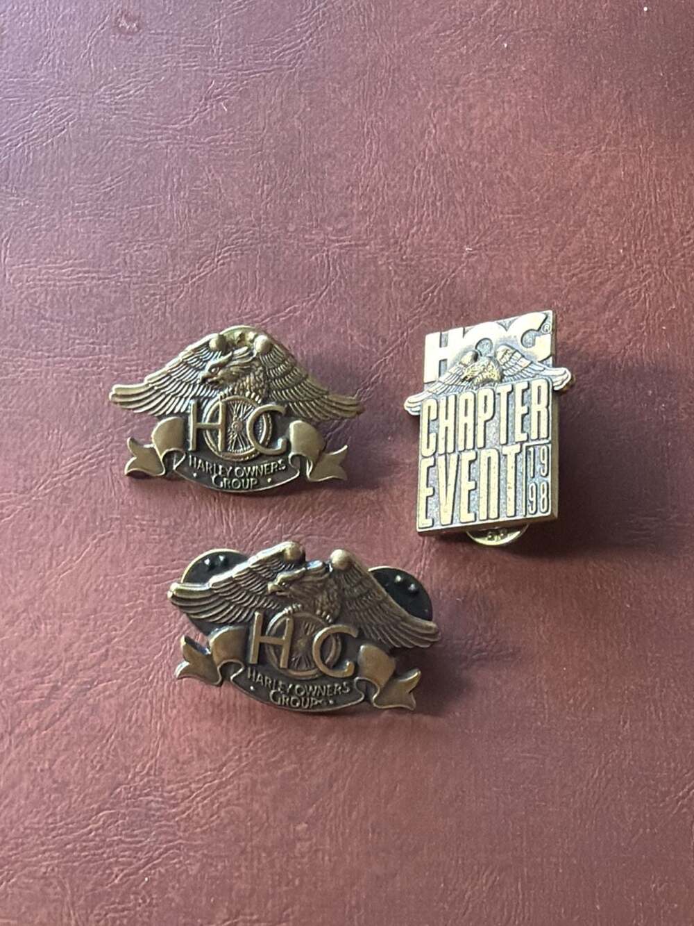 Vintage Harley-Davidson H.O.G. Owners Group and Chapter Event Brass Pin Set (3 P